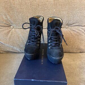 Polo Ralph Lauren Helene Suede Camel Ankle Hiker High Heel Boots S7